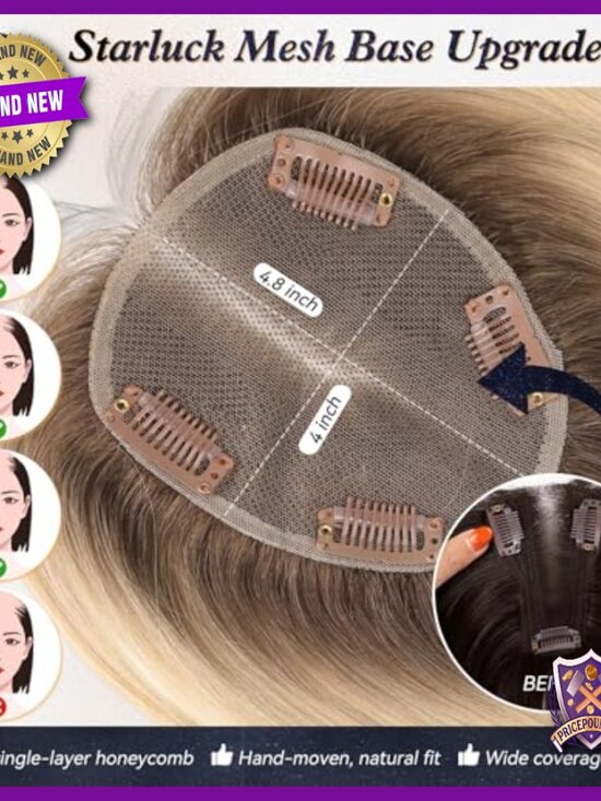 Real Human Hair Topper with Bangs, Hand-Woven, Adds Volume, Covers Gray main image 4